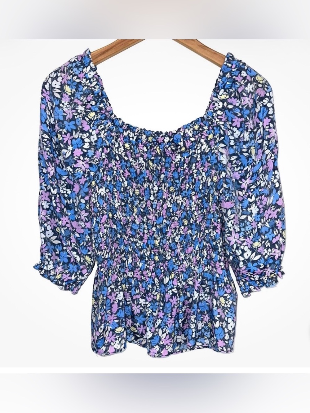 Nanette Lepore Blue Floral Smocked Peasant Blouse Size M Cottage Core Boho Fairy